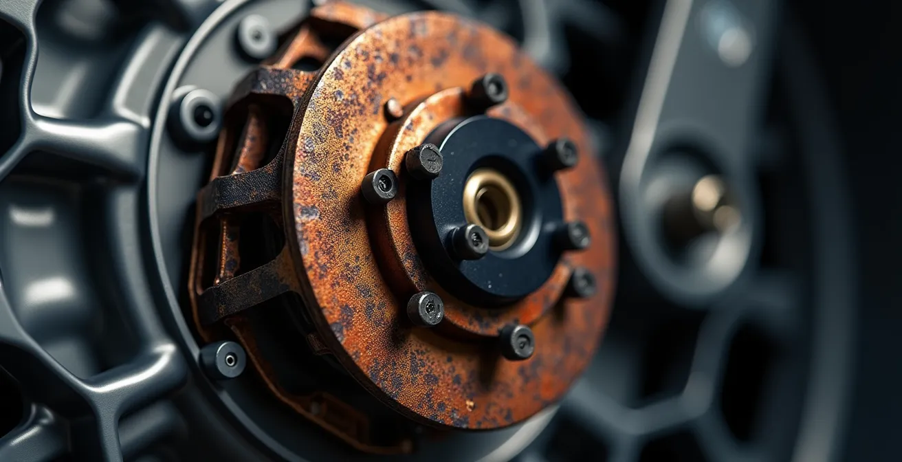 Vue macro détaillée d'un système de freinage de tracteur agricole