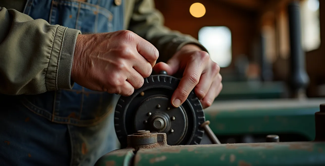 Agriculteur évaluant l'état d'un équipement de freinage