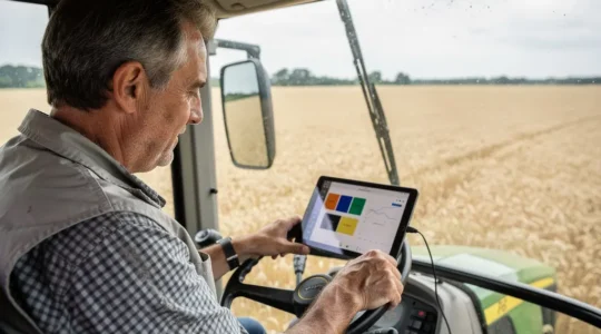 Agriculteur consultant une tablette de gestion parcellaire depuis sa cabine de tracteur
