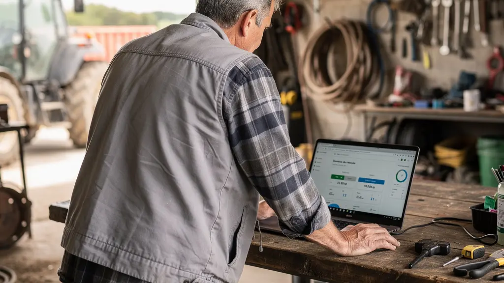Discussion entre un agriculteur et un conseiller devant un ordinateur portable dans un hangar agricole