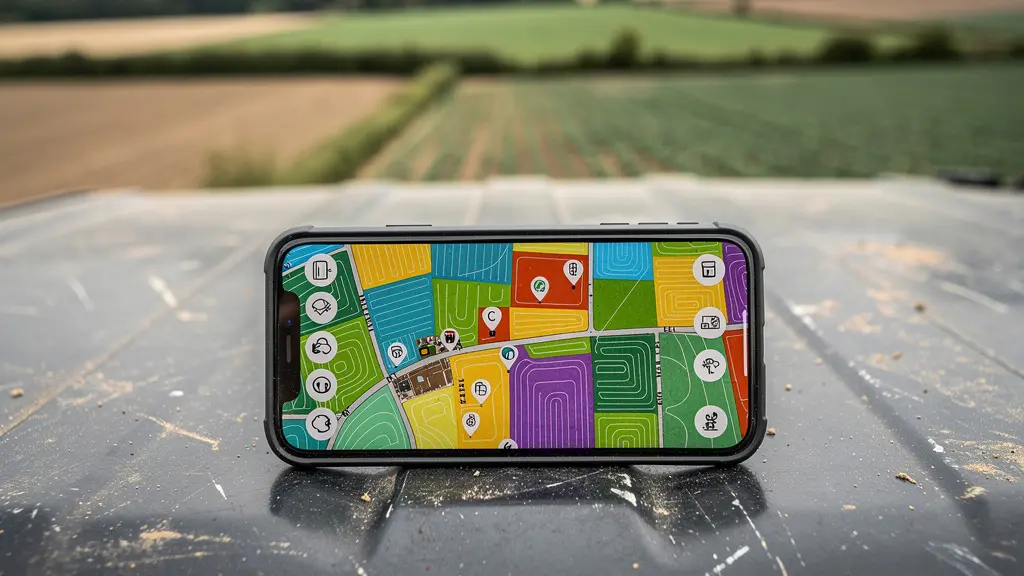 Application mobile agricole affichant une carte des parcelles sur smartphone