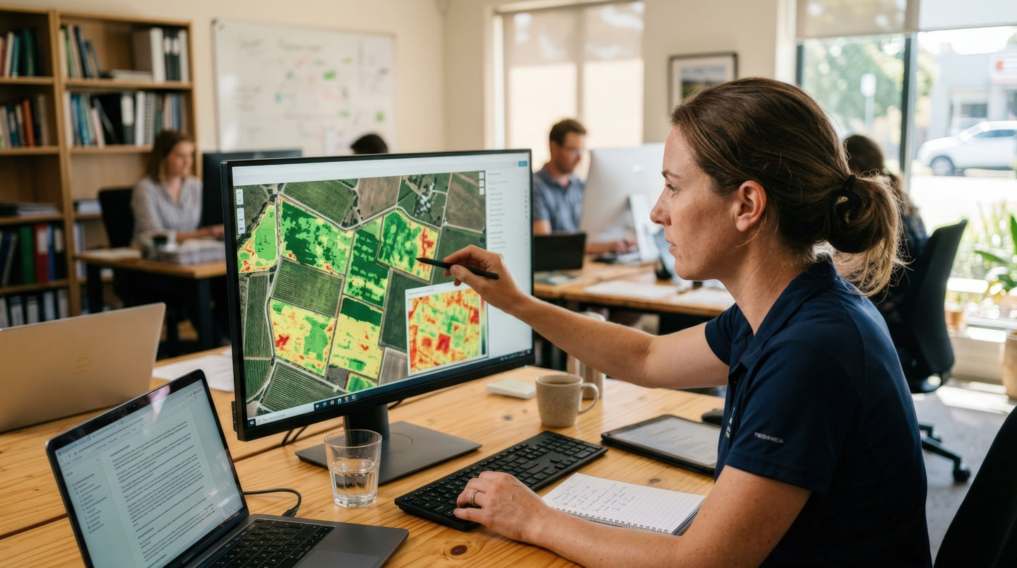 Agriculteur consultant une tablette numérique affichant des données climatiques et cartes météorologiques en bordure de parcelle cultivée
