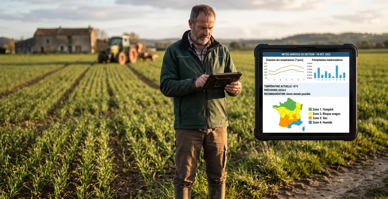Agriculteur consultant une tablette numérique affichant des données climatiques et cartes météorologiques en bordure de parcelle cultivée