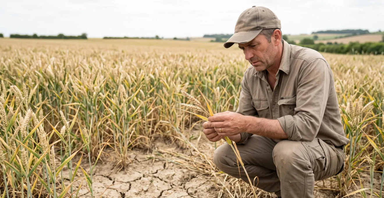Agriculteur accroupi examinant des plants de céréales présentant des signes de stress hydrique dans une parcelle de grandes cultures, sol sec fissuré visible au premier plan