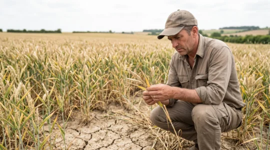 Agriculteur accroupi examinant des plants de céréales présentant des signes de stress hydrique dans une parcelle de grandes cultures, sol sec fissuré visible au premier plan