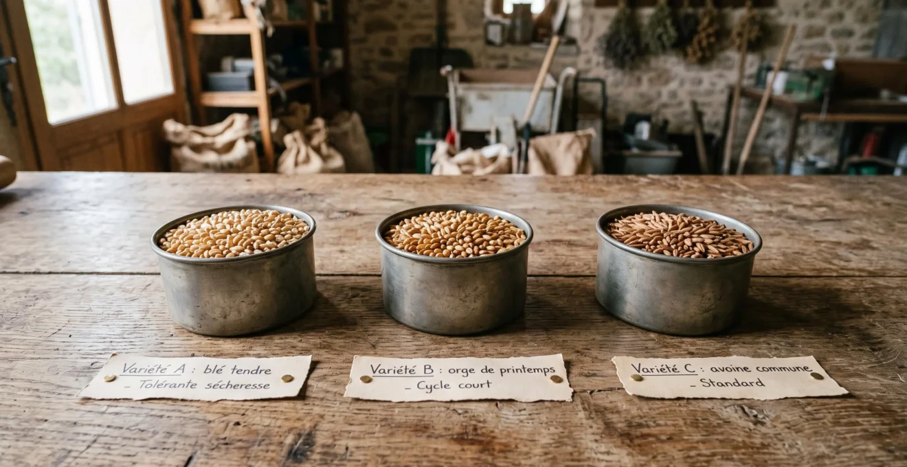 Trois récipients contenant des variétés de semences céréalières différentes alignés sur une table de travail agricole, avec étiquettes manuscrites indiquant les caractéristiques variétales