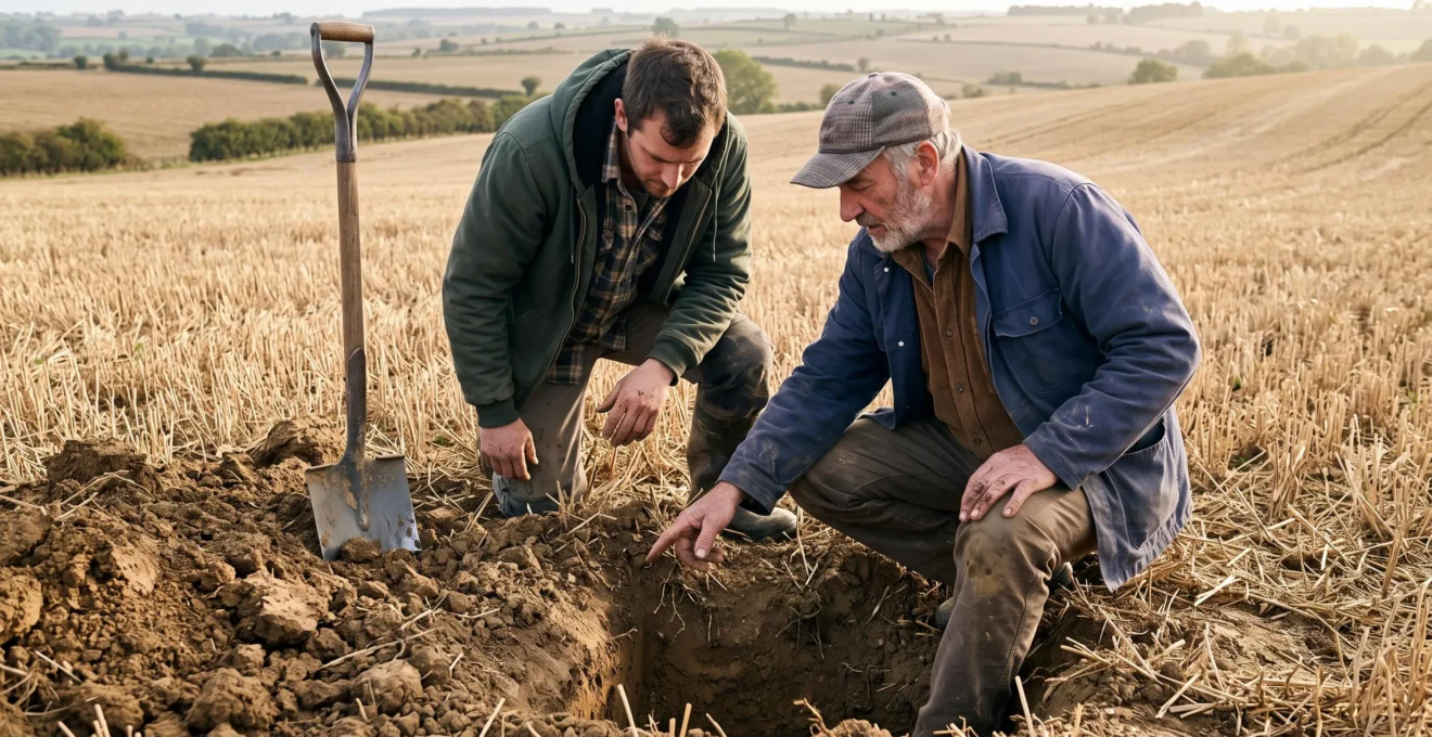 Deux agriculteurs observent le profil d'un fossé pédologique creusé dans un champ de chaumes pour évaluer la structure du sol.