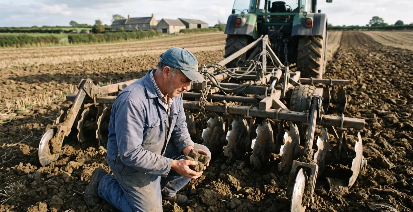 Un céréalier accroupi examine la terre fraîchement travaillée derrière un outil de préparation du sol attelé à un tracteur dans un champ ouvert.