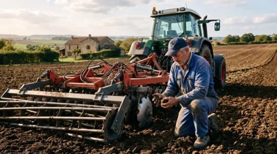 Un céréalier accroupi examine la terre fraîchement travaillée derrière un outil de préparation du sol attelé à un tracteur dans un champ ouvert.