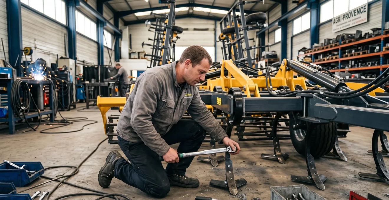 Un monteur serre un boulon sur un élément de dents d'un cultivateur dans un atelier de fabrication de matériel agricole.