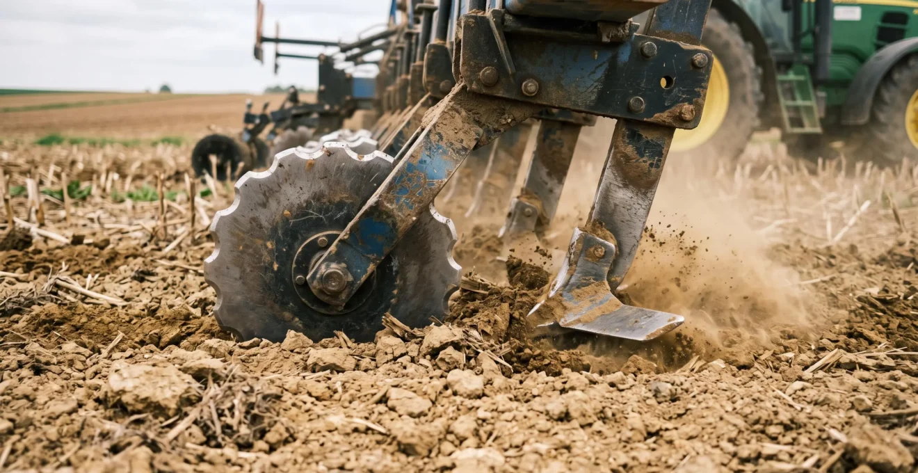 Gros plan sur un élément d'outil strip-till ouvrant des bandes de terre dans un champ lors d'un passage réel.